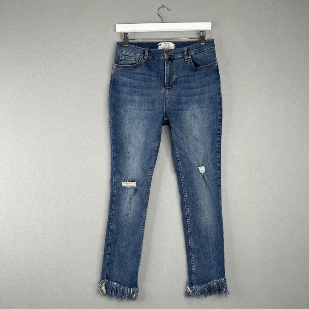 Free People Great Heights Blue Denim Frayed Skinny Jeans